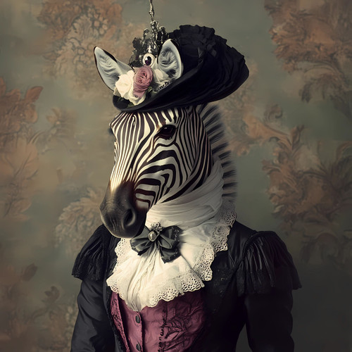 Lady Zebra in a black jacket with a lace collar and puffy ruffles, and the overa