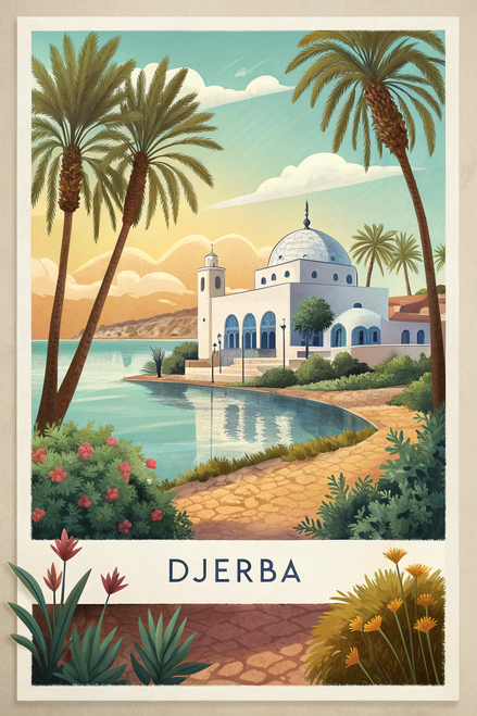 Djerba Tunisia Travel Poster - Vibrant Watercolor Art of Mediterranean Oasis Pos