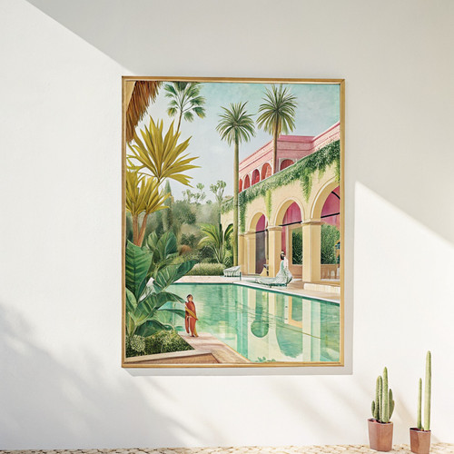 Retro California hotel art print - Retro summer aesthetic green and pink Palm Sp