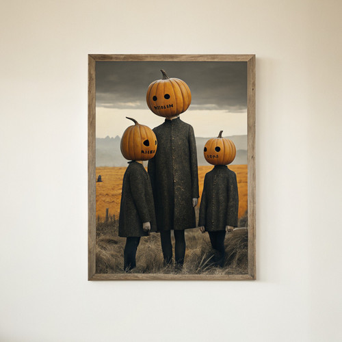 Jack-o-Lantern head family in the cornfield art print - Eerie family portrait pu