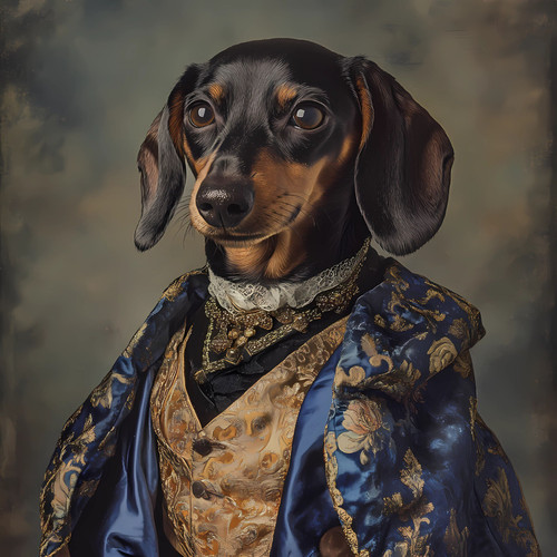 dachshund in an ornate, traditional European-style outfit. Art Gallery Poster Ca