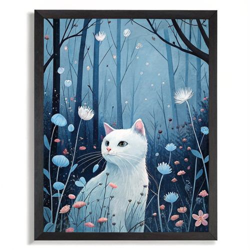 White Cat Art Print Blue And White Wall Art Decor Cat Gift Floral Cat Print (1)