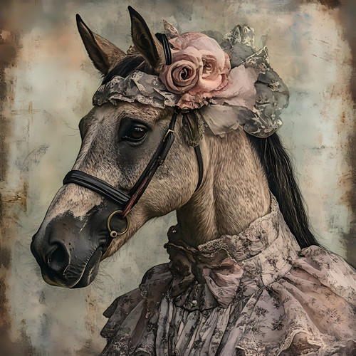 Lady Horse with a soft, lace-like outfit and a delicate rose accessory. Poster C