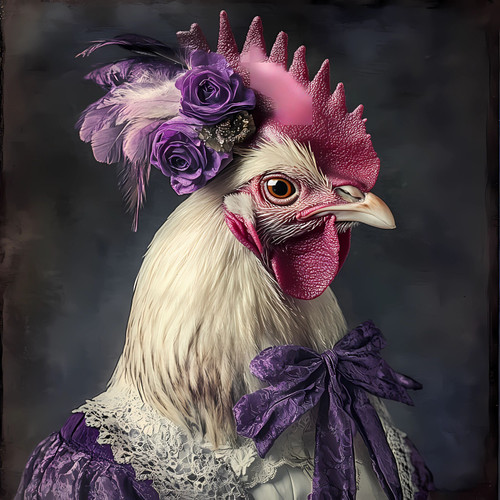 Regal Hen in a combination of purple flowers, a decorative feather arrangement,