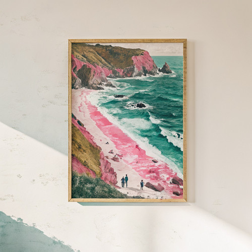 Retro aesthetic beach art print - summer aesthetic green and pink vacation prepp