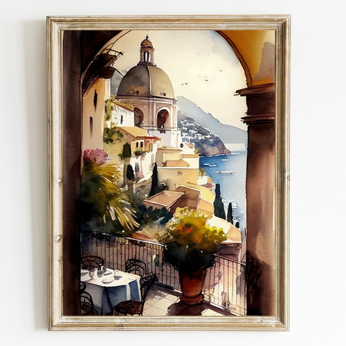 0_Amalfi Coast Italy Water Color Landscape Wall Art Collection Italian Vintage c