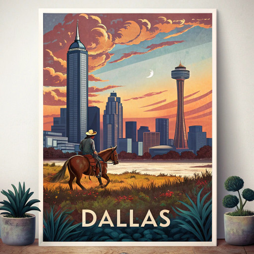 Dazzling Dallas Texas Travel Poster - Skyline and Cowboy Culture Art Print Poste Dazzling Dallas Texas Travel Poster - Skyline and Cowboy Culture Art Print Poste