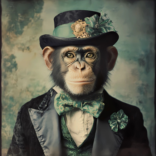 Gentelman chimp dressed in a formal, Victorian-inspired attire. Art Gallery Post