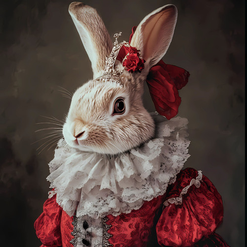 Lady Rabbit with a rich, red, ruffled dress and a crown-like accessory with a t