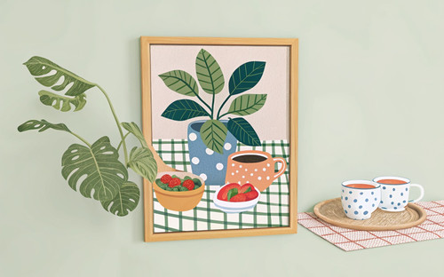 Tea Strawberries Breakfast Tablescape Kitchen Art Print - Unframed A6 A5 A4 A3