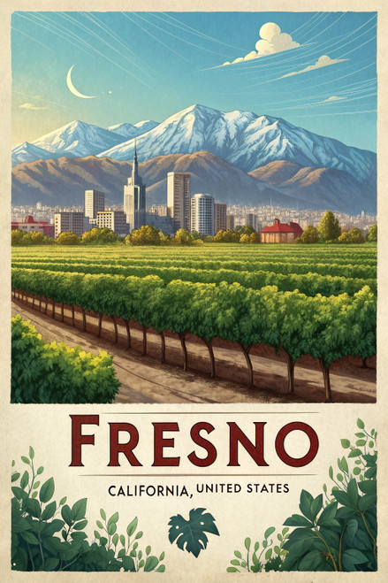 Fresno California Sunshine Travel Poster - Scenic Vineyard Landscape Art Print P