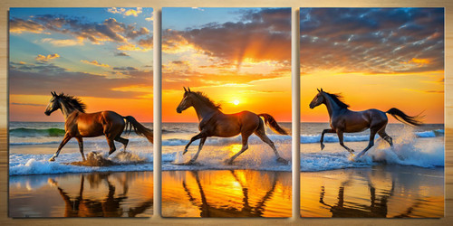 horses-running-through-water-on-the-beach-during-s Poster Canvas Movie Film Prin