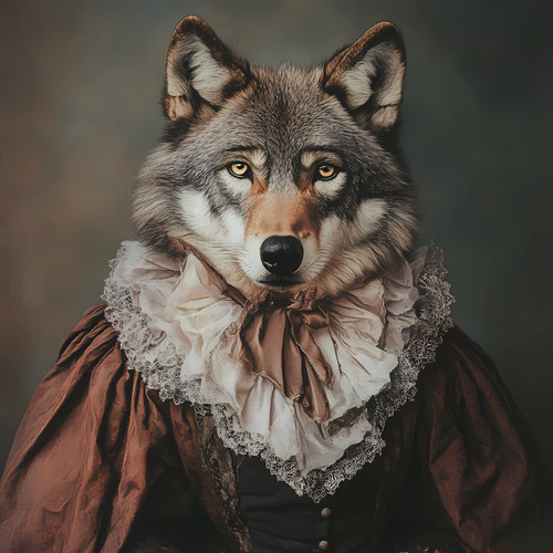 Gentelman Wolf in a brown, ornate outfit with a lace-like ruff collar, giving it