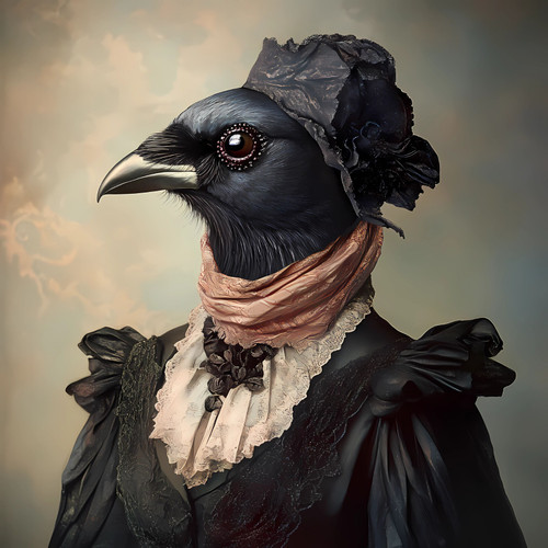 Lady Bird with a brown, lace-like hat accessory and a scarf with a soft, peach-t