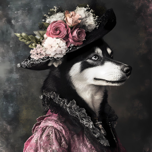 Siberian Husky with a florally decorated hat and a pinkish-purple outfit Poster
