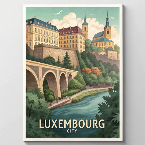 Historic Luxembourg City Travel Poster - Bock Casemates Watercolor Art Print Pos