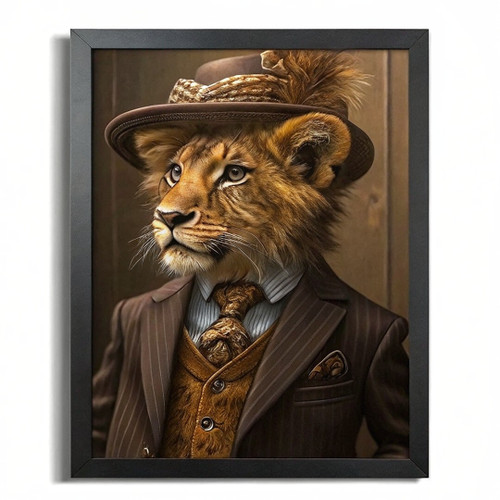 Victorian Animal Painting Lion Cub Portrait Retro Animal Human Body Wall Art (1)