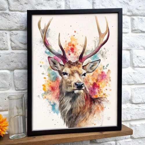 Watercolour Stag Artwork 30x40cm Framed Print Wall Art Wild Animal Home Decor (2