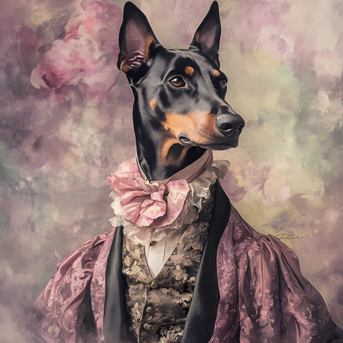 Lord Doberman in a lavish outfit with a ruffled collar and a garment with a flor