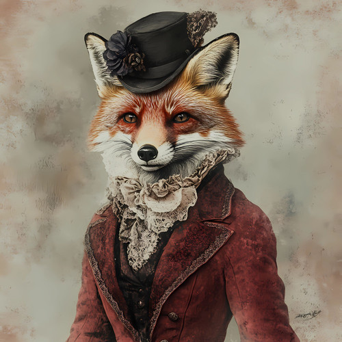 Lady Fox with a detailed, vintage-style outfit including a lace collar, a tradit