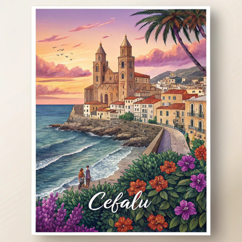 Captivating Cefalù Sicily Travel Poster - Vintage Coastal Watercolor Art Print P
