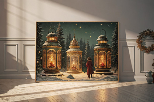 Vintage Christmas lanterns in a snowy landscape art print - cosy traditional fes