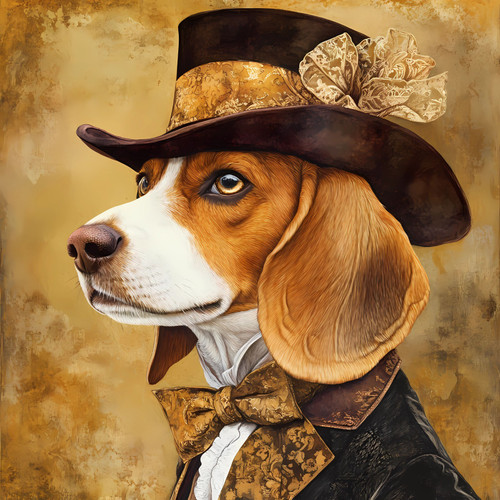Beagle with a top hat featuring a decorative flower accessory and a bow-tie as p