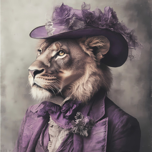 Regal Lion has a rich, detailed fur texture, and is adorned with a lavish purpl