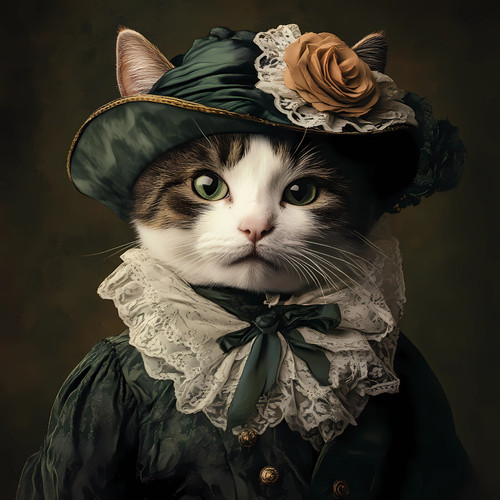 Lady Cat in a Victorian-inspired outfit and green hat whit rose Art Gallery Post