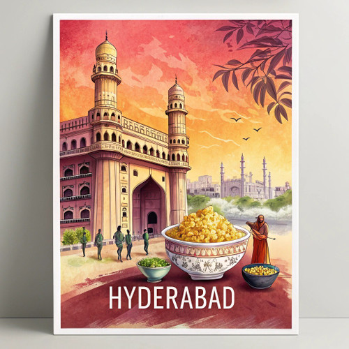 Hyderabad India Travel Poster - Charminar and Biryani Art Print_2 Poster Canvas