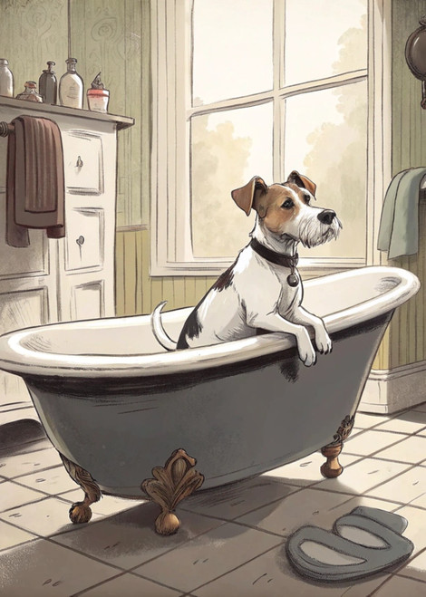 0_Jack Russell in bath bathroom wall art watercolour sketch vertsion 4 unique