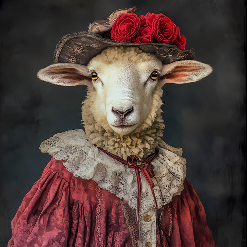 Lady Sheep in a soft, fluffy coat, a richly detailed brown hat adorned with a bo