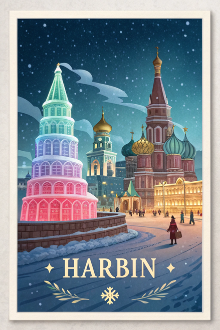 Harbin China Vintage Travel Poster - Ice Festival Cityscape Art Print Poster Can