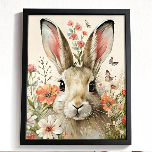 Cute Bunny Picture Rabbit In The Floral Meadow Wall Art Nursery Artwork Print (1