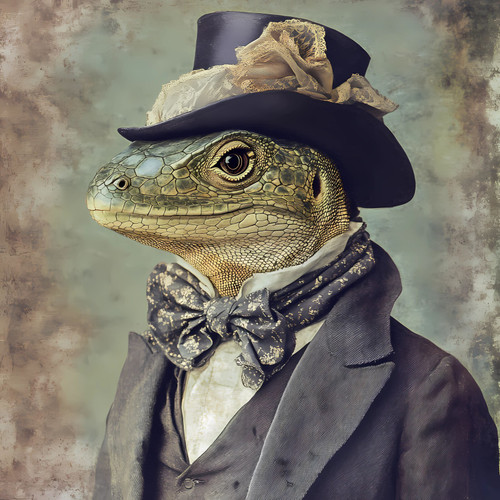 Lord Lizard in a suit with a well-tailored jacket, a crisp white shirt, a bow-ti