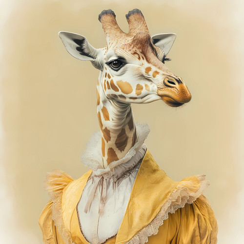 Lady giraffe in a dress-like outfit with a soft, lace-like trim and a rich, yell