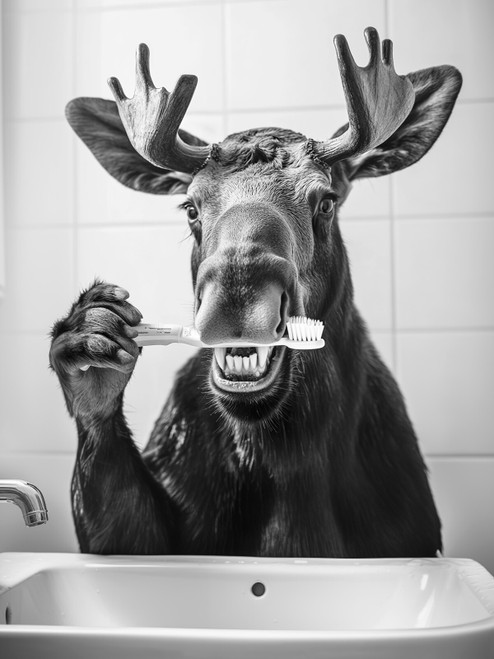 MooseBrushingTeeth-3by4 Poster Canvas Funny Annimals Pritnt A0 A1 A2 A3 A4 A5 A6