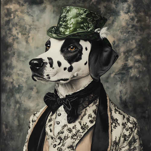 Dalmation with a distinctive black and white coat, wearing a formal outfit inclu
