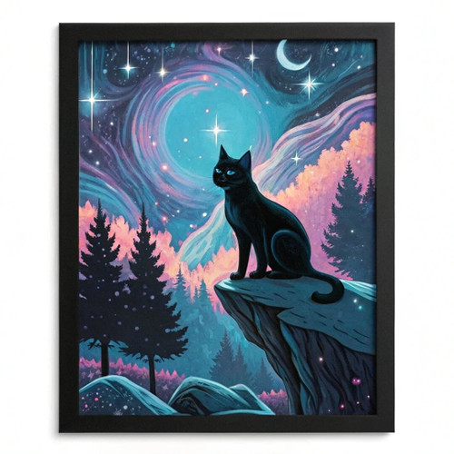 Black Cat Print Full Moon Wall Art Cat Wall Art Cat Gift Black Cat Painting (3)