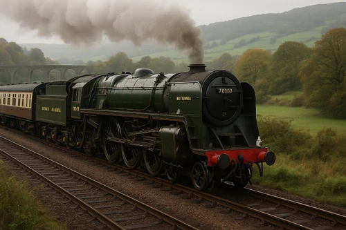 Green steam locomotive 70000 traveling through English countryside with smoke and viaduct