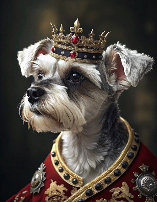 white and gray dog with a distinctive coat, wearing a royal outfit (3) Poster Ca