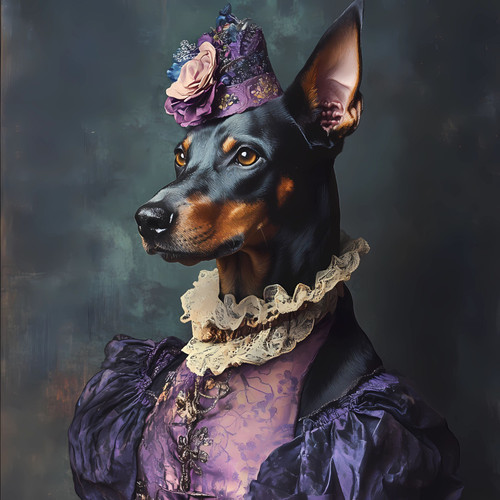 Regal Doberman in a richly detailed, ornate purple outfit with a lace ruff colla