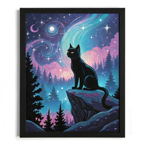 Black Cat Print Full Moon Wall Art Cat Wall Art Cat Gift Black Cat Painting (1)