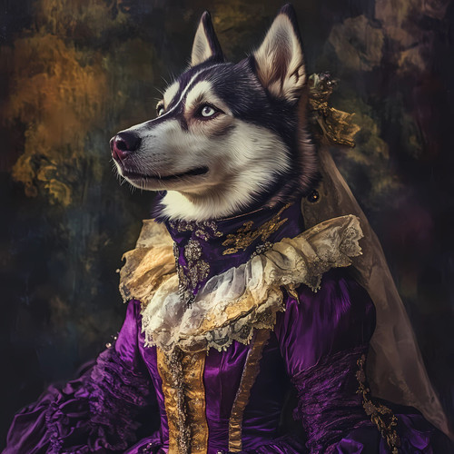Siberian Husky in a richly ornate outfit with a mix of purple and gold hues Pos