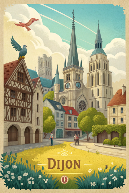 Dazzling Dijon France Travel Poster - Vibrant Mustard and Gothic Architecture Ar