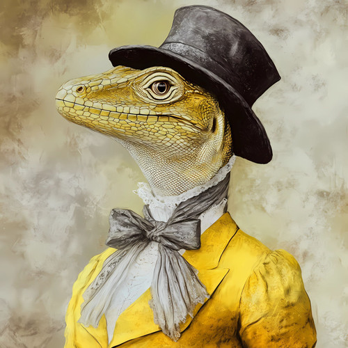 Lady Lizard in a black top hat, a bow-tied accessory, a crisp-looking white fril