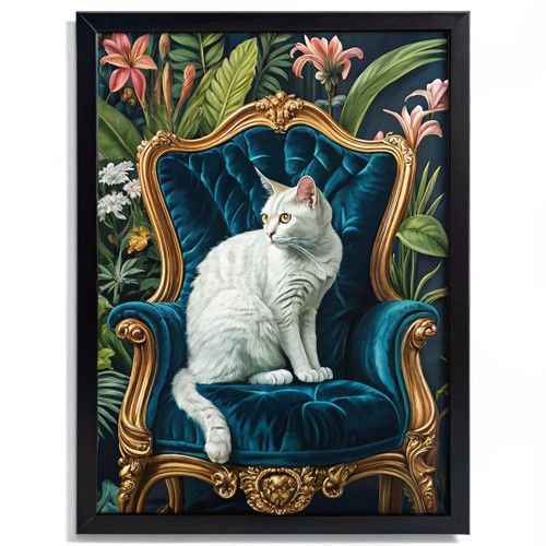 Regal White Cat on Blue Velvet Chair Tropical Garden Art Print Cat Wall Art Gift