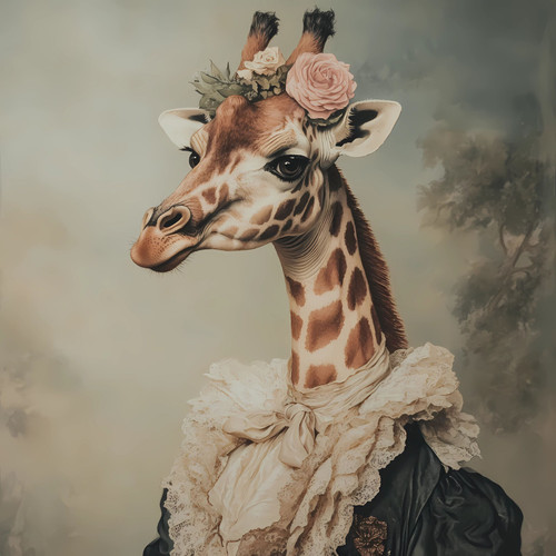 Lady Giraffe with a headpiece featuring a floral arrangement and a ruffled, lace