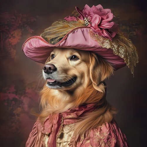 Golden Retriever with a pink and gold-themed outfit, featuring a large, ornate h