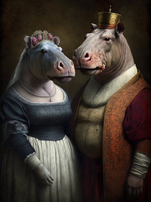 Aristocratic Hippo Couple 3by4 Poster Canvas Funny Annimals Pritnt A0 A1 A2 A3 A